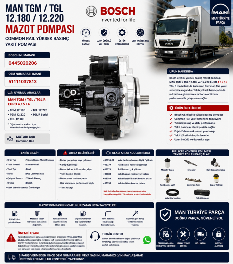 MAN TGM / TGL / TGL R 12.180 / 12.220 Euro 4 / Euro 5 / Euro 6 Common Rail Mazot Pompası | Bosch OEM: 0445020206 | MAN OEM: 51111037813 | Bosch / MAN Orijinal