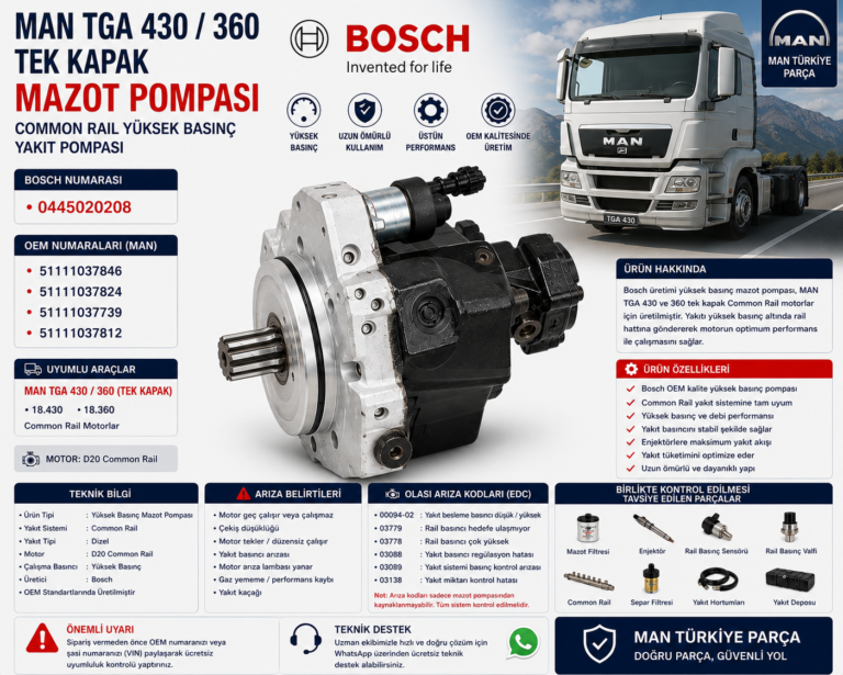 MAN TGA 430 / 360 Tek Kapak Common Rail Mazot Pompası | Bosch OEM: 0445020208 | MAN OEM: 51111037846 / 51111037824 / 51111037739 / 51111037812 | Bosch / MAN Orijinal