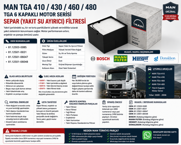 MAN TGA 410 / 430 / 460 / 480 TGA 6 Kapaklı Motor Serisi Separ Filtresi (Yakıt Su Ayırıcı) OEM: 81.12503-0085 / 81.12501-0031 / 81.12501-06047 / 81.12501-06048 | MAN Orijinal / Bosch / MANN FILTER / Hengst