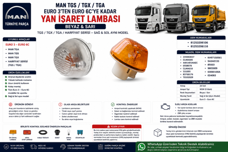 MAN TGA / TGS / TGX Euro 3 – Euro 6C Yan İşaret Lambası (Beyaz & Sarı) | OEM: 81253206106 / 81253206116 | MAN Orijinal / Depo / TYC / Ayfar / Mars / Çerkez