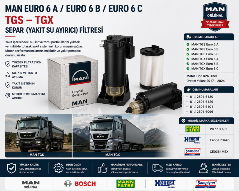 MAN Euro 6 A / Euro 6 B / Euro 6 C TGS – TGX Separ Filtresi (Yakıt Su Ayırıcı) OEM: 81.12501.6130 / 81.12501.6129 / 81.12501.6101 / 81.12501.6096 | MAN Orijinal / MANN FILTER / Hengst / Şampiyon Filtre