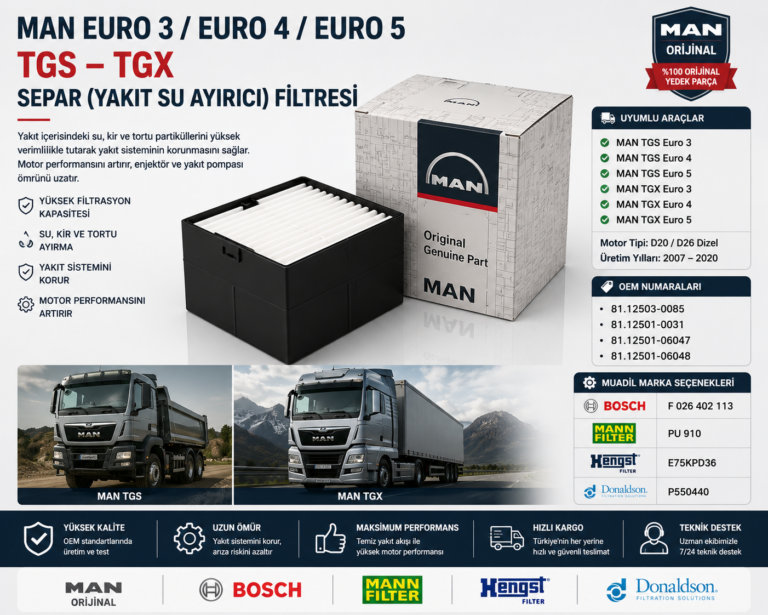 MAN Euro 3 / Euro 4 / Euro 5 TGS – TGX Separ Filtresi (Yakıt Su Ayırıcı) OEM: 81.12503-0085 / 81.12501-0031 / 81.12501-06047 / 81.12501-06048 | MAN Orijinal / Bosch / MANN FILTER / Hengst / Donaldson