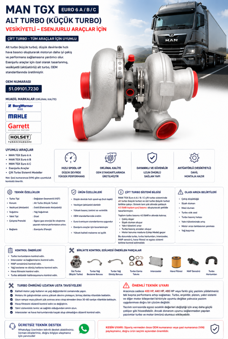 MAN TGX Euro 6 A / B / C Alt Turbo (Küçük Turbo) Vesikiyetli | Esenjurlu Araçlar İçin | OEM: 51091017230 | BorgWarner (KKK) / MAHLE / Garrett / Holset