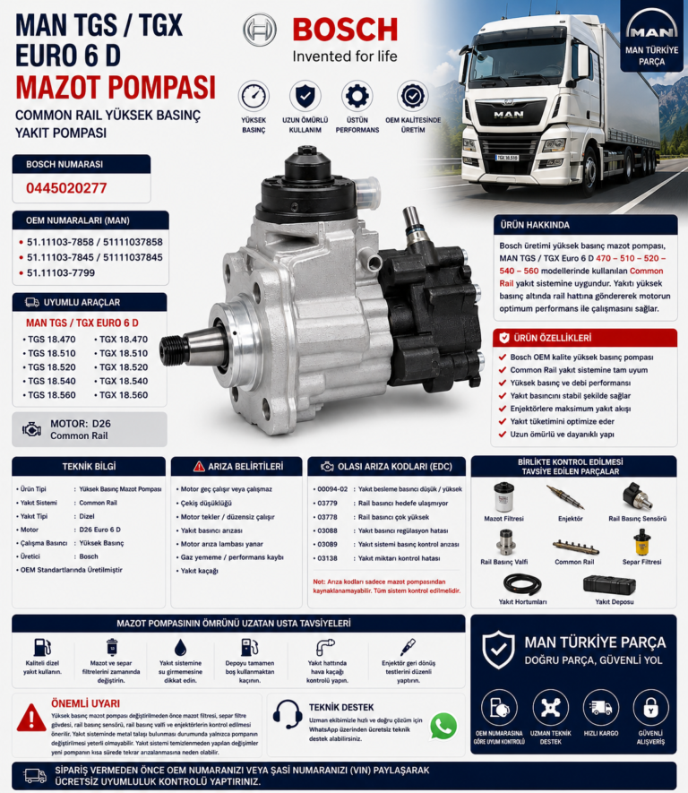 MAN TGS / TGX Euro 6 D 470 / 510 / 520 / 540 / 560 HP Common Rail Mazot Pompası | Bosch OEM: 0445020277 | MAN OEM: 51111037845 / 51111037858 | Bosch / MAN Orijinal