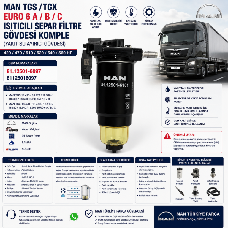 MAN TGS / TGX Euro 6 A / B / C Isıtıcılı Separ Filtre Gövdesi Komple (Yakıt Su Ayırıcı Gövdesi) 420 / 470 / 510 / 520 / 540 / 560 HP | OEM: 81125016097 / 81.12501-6097 | MAN Orijinal / Vaden Original / DT Spare Parts / SAMPA / AUGER