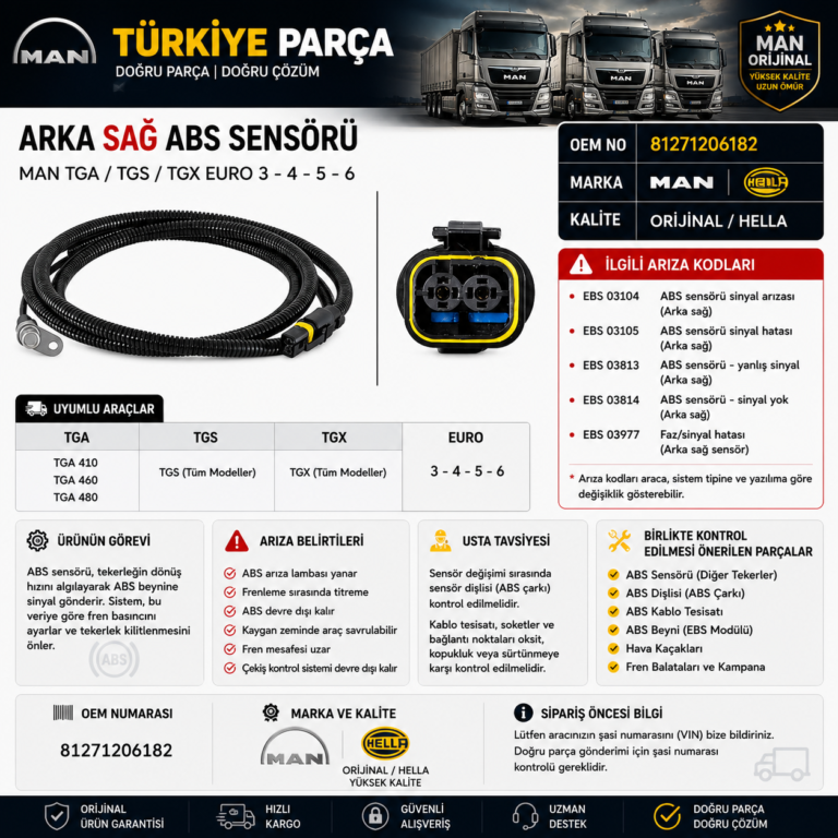 MAN TGA 410 / 460 / 480 – MAN TGS / TGX Euro 3-4-5-6 Arka Sağ ABS Sensörü OEM: 81271206182 | MAN Orijinal / HELLA