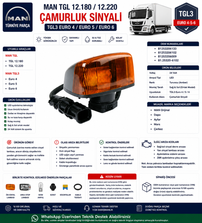 MAN TGL 12.180 / 12.220 – TGL3 Euro 4 / Euro 5 / Euro 6 Çamurluk Sinyali | OEM: 81253206133 / 81253206102 / 81253206009 | MAN Orijinal / Depo / Ayfar / Mars / Çerkez