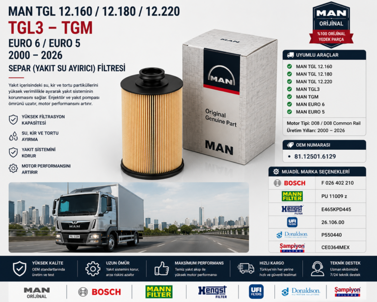 MAN TGL 12.160 / 12.180 / 12.220 TGL3 – TGM Euro 5 / Euro 6 (2000–2026) Separ Filtresi (Yakıt Su Ayırıcı) OEM: 81.12501-6129 | MAN Orijinal / Bosch / MANN FILTER / Hengst / UFI Filters / Donaldson / Şampiyon Filtre