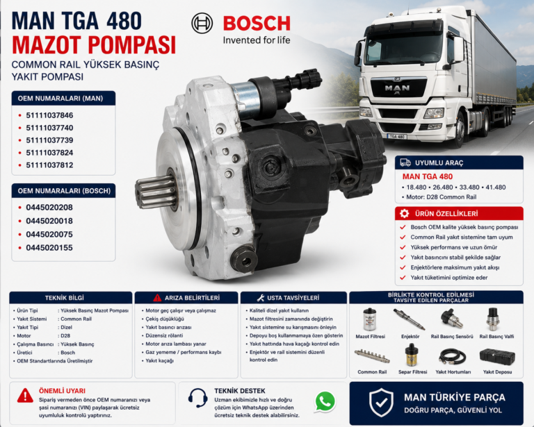 MAN TGA 480 Mazot Pompası (Common Rail Yüksek Basınç Yakıt Pompası) | Bosch OEM: 0445020208 / 0445020018 / 0445020075 / 0445020155 | MAN OEM: 51111037846 / 51111037740 / 51111037739 / 51111037824 / 51111037812 | Bosch / MAN Orijinal
