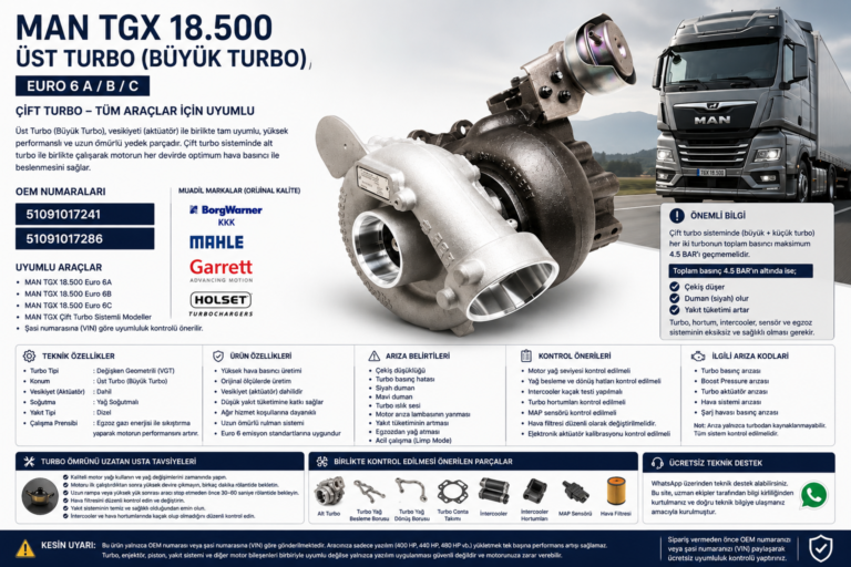 MAN TGX Euro 6 A / B / C Üst Turbo (Büyük Turbo) Vesikiyetli | OEM: 51091017241 / 51091017286 | BorgWarner (KKK) / MAHLE / Garrett / Holset