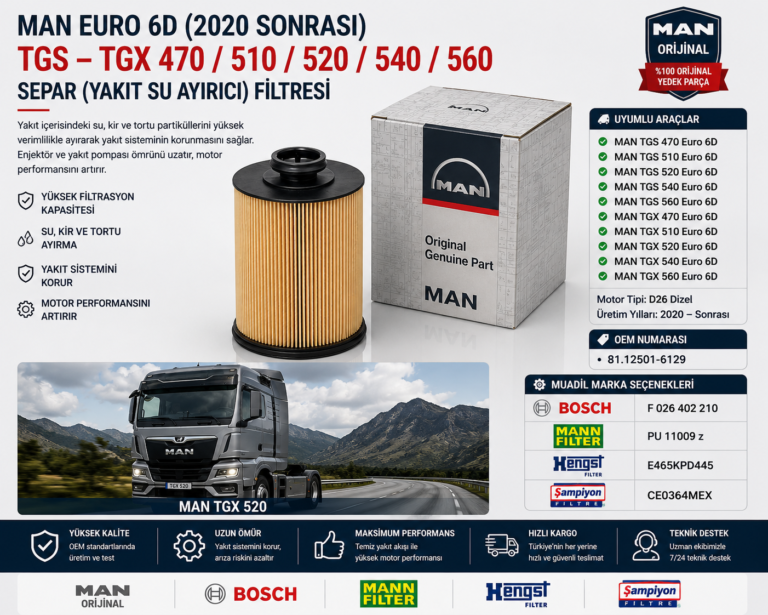 MAN Euro 6D (2020 Sonrası) TGS – TGX 470 / 510 / 520 / 540 / 560 Separ Filtresi (Yakıt Su Ayırıcı) OEM: 81.12501-6129 | MAN Orijinal / Bosch / MANN FILTER / Hengst / Şampiyon Filtre
